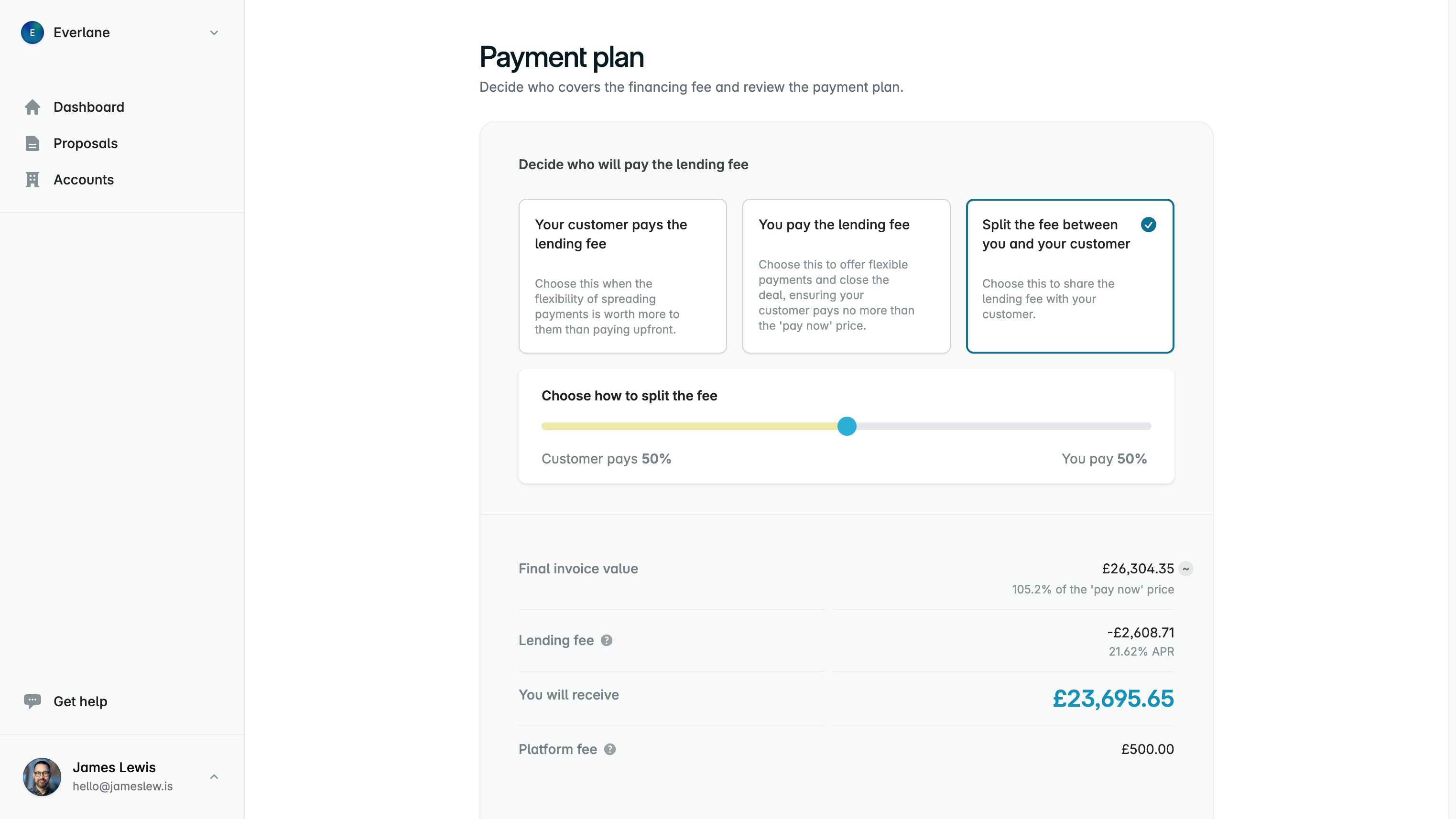 A screenshot of the website for the financing platform, showing the UI that helps decide who would pay the lending fee.