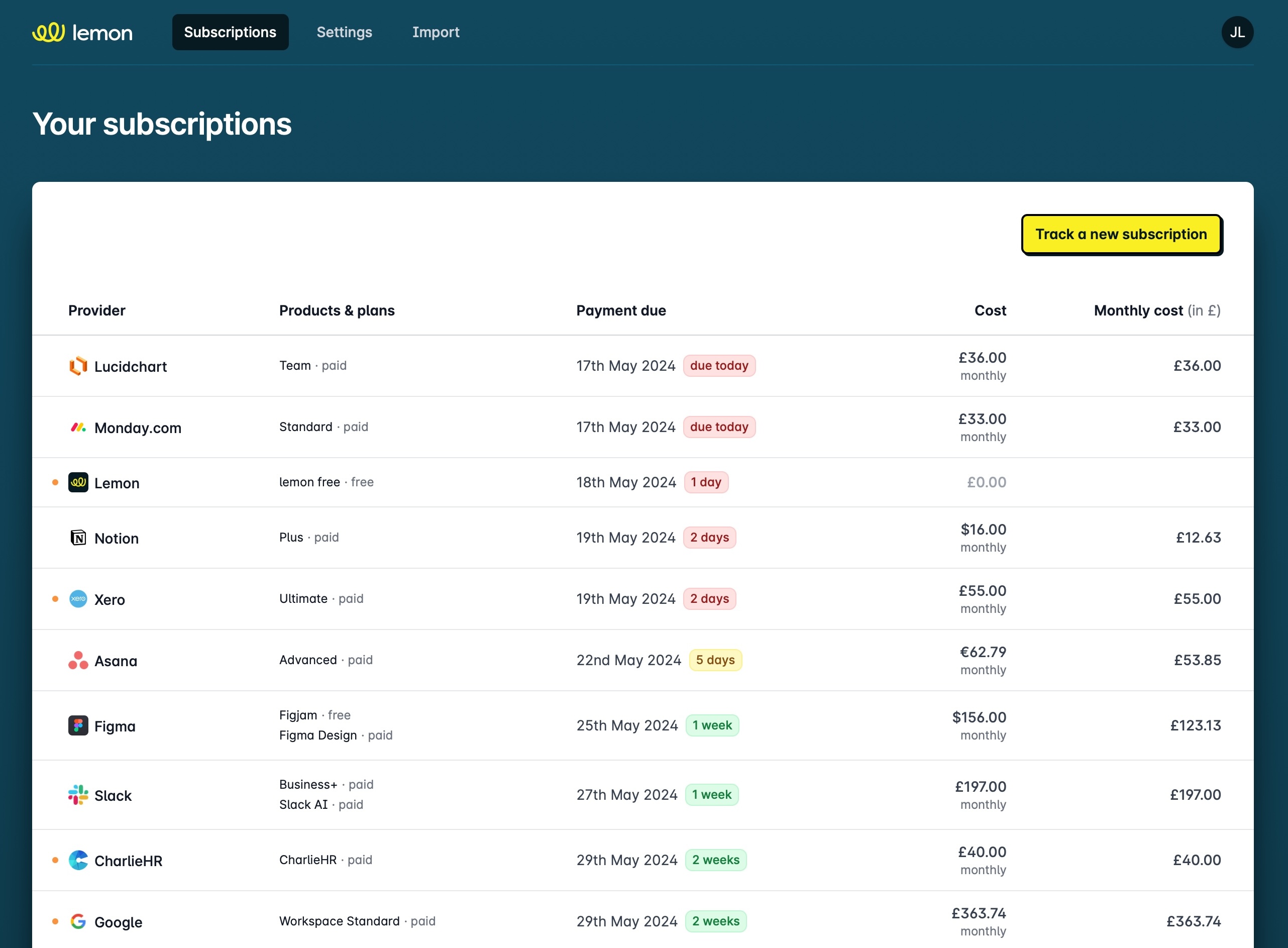The subscription page showing a table of SaaS subscriptions.