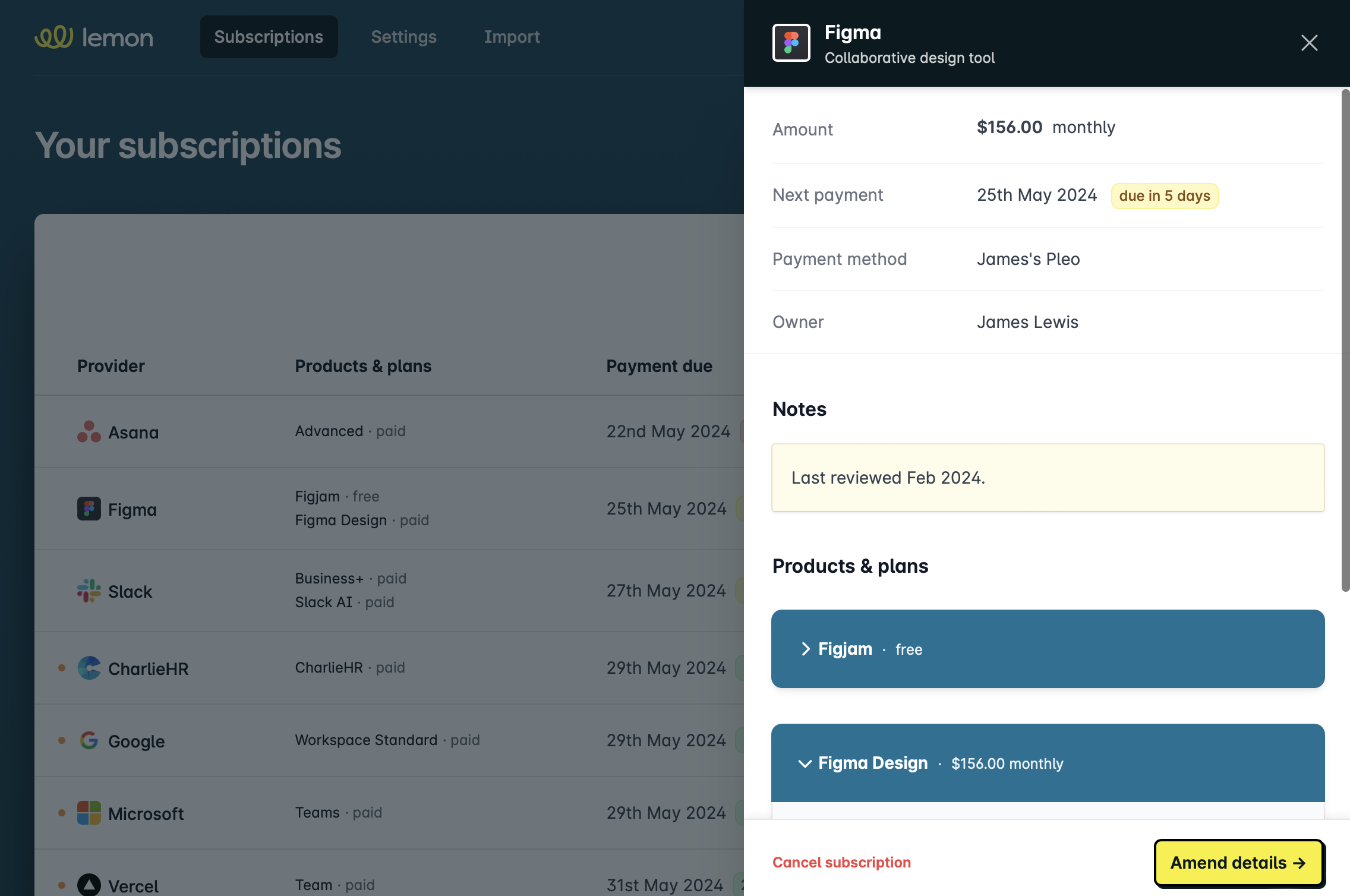 Individual subscriptions could be managed from a side panel.